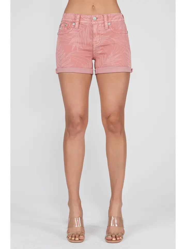 Miss Me® Mauve Mid-Rise All Over Leaf Print Denim Shorts
