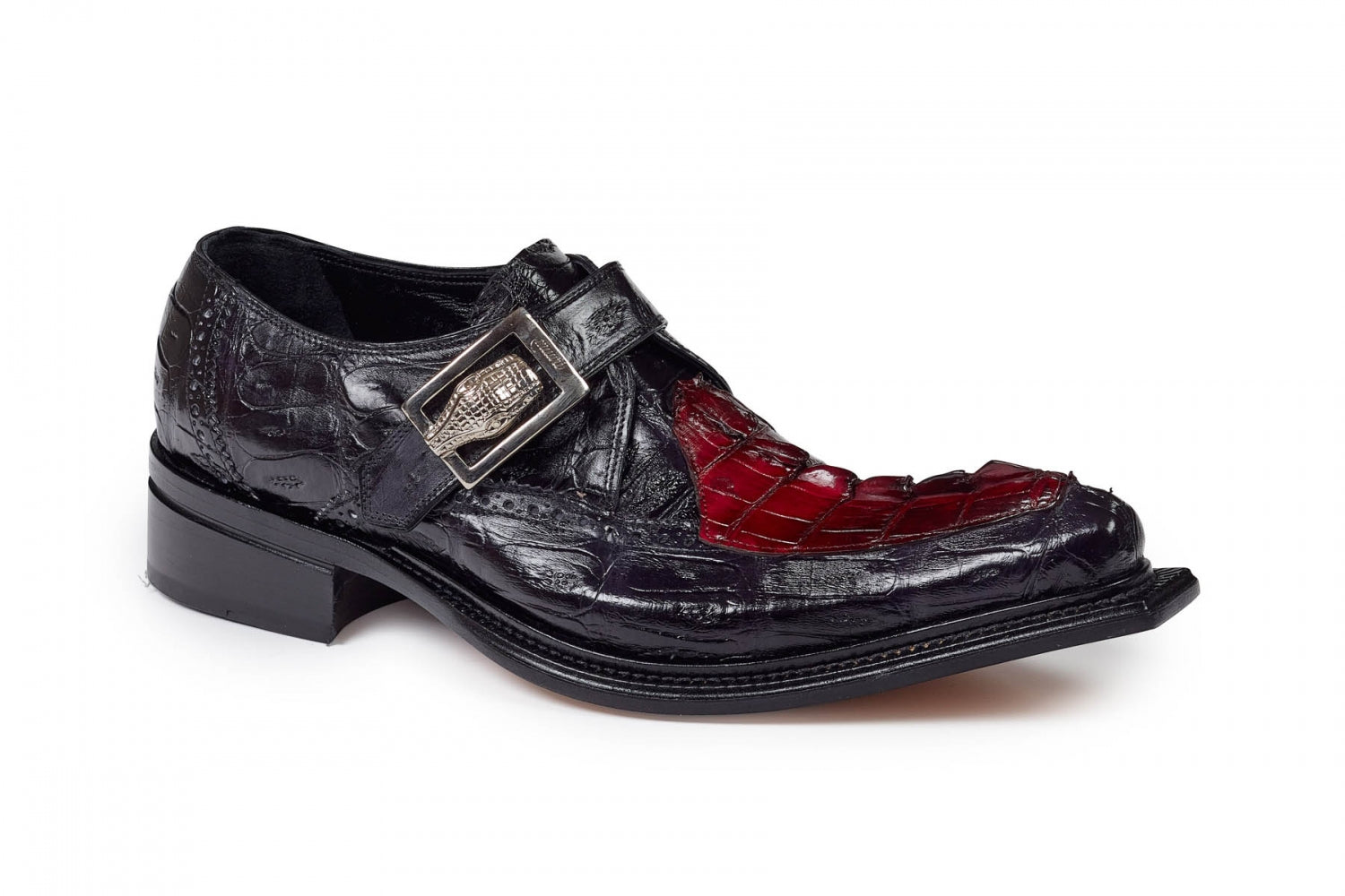 Mauri - 44225 Michelangelo Black Baby Crocodile & Burgundy Hornback Tail Monk Strap Dress Shoe