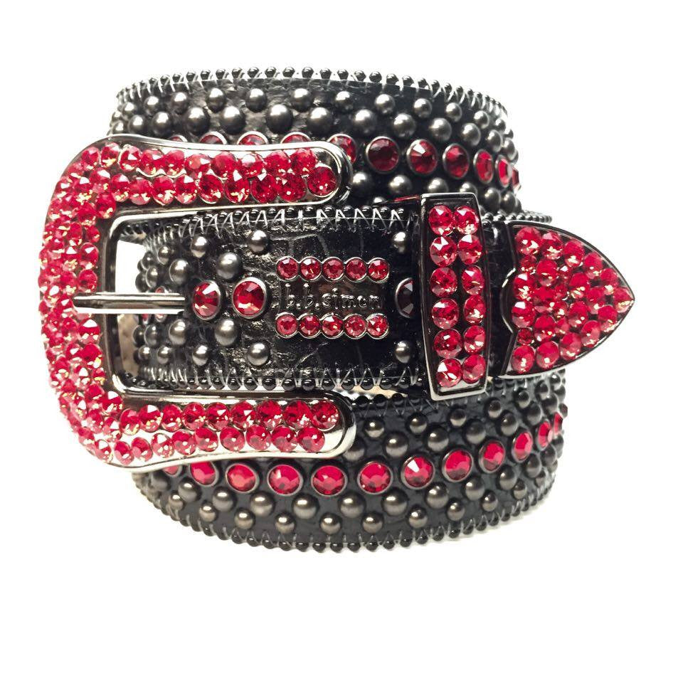 B.B. Simon Blood Red Fur Black Crystal Belt 36