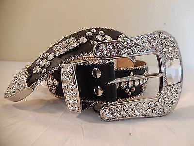 b.b. Simon Black Leather Quad Studded Crystal Belt