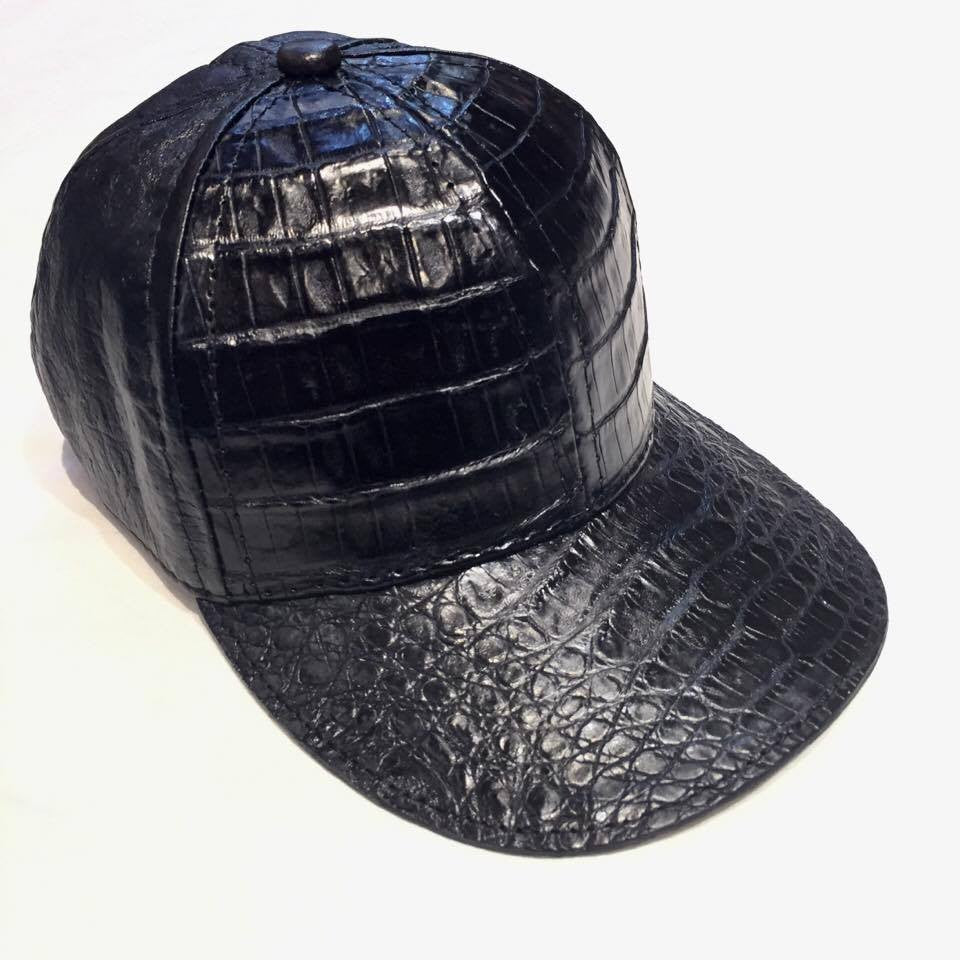 Jet Black Alligator body/Ostrich skin Strap-back Hat