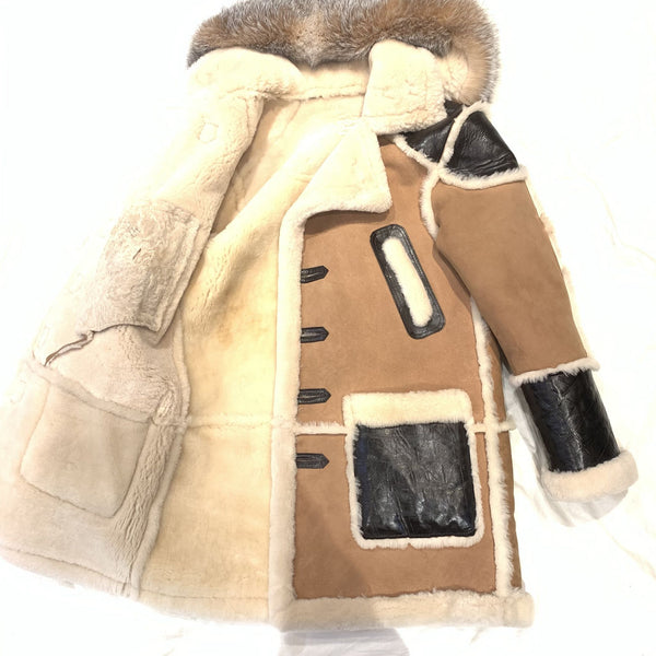 Daniels Leather Two Tone Leather Patch Fox Fur Hooded Trench Shearling