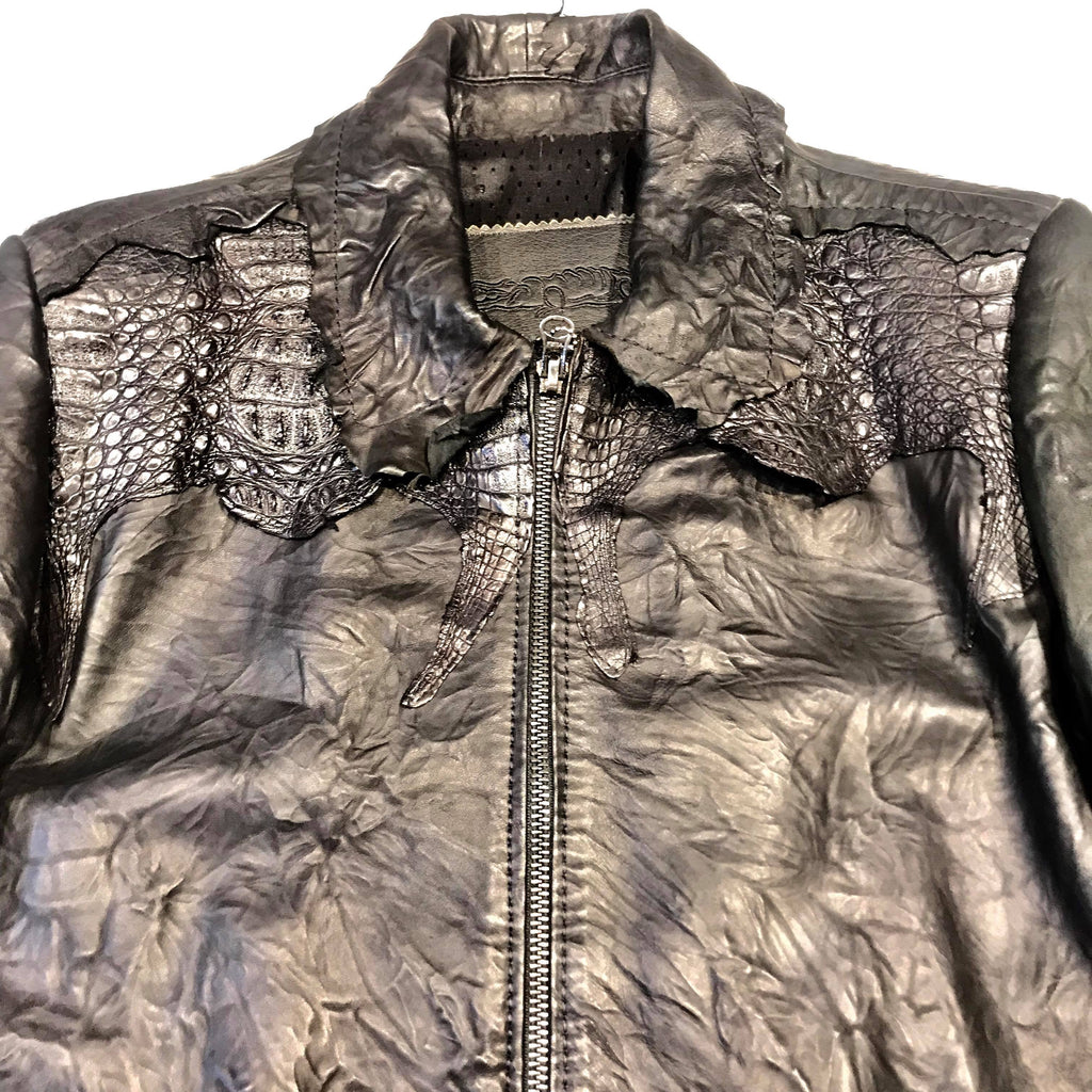 Kashani LUX Jet Black Raw Cut Alligator Lambskin Bomber Jacket