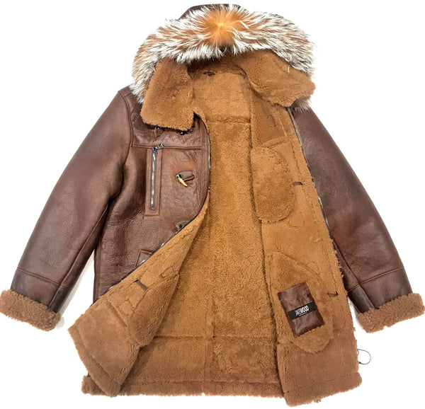 Kashani Chocolate Duffel Fox Hooded Shearling Jacket