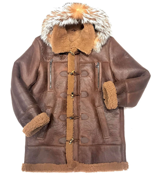 Kashani Chocolate Duffel Fox Hooded Shearling Jacket