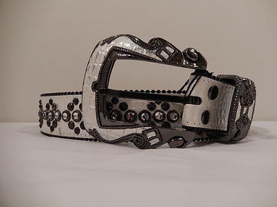 B.B. Simon White Gator Print Studded Swarovski Crystal Belt