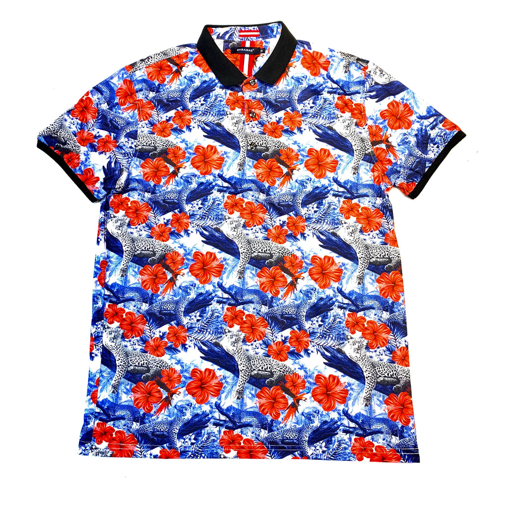 Barabas Blue Red Rose Leopard Polo Shirt