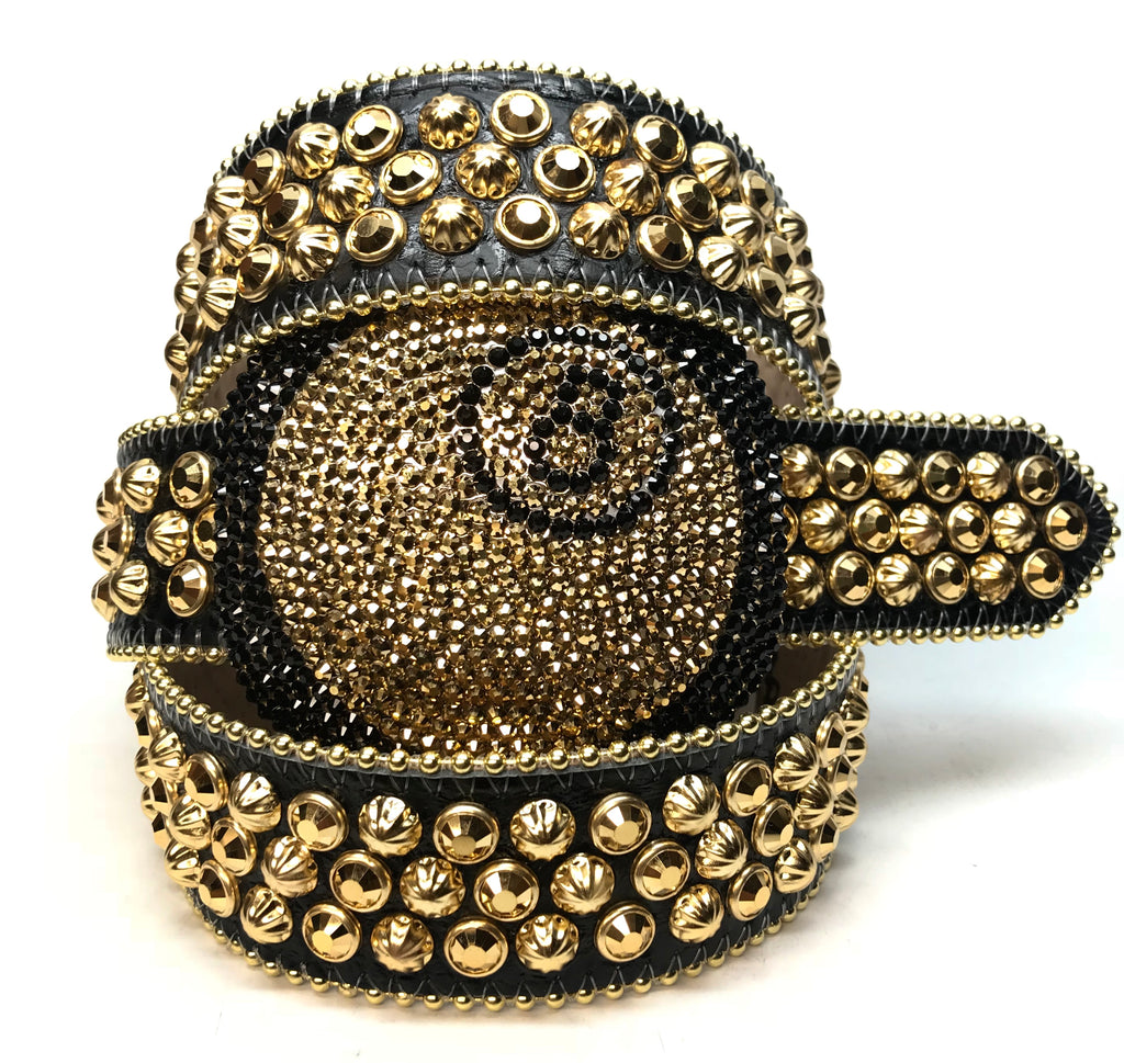 B B Simon 8 Ball Black Gold Crystal Belt