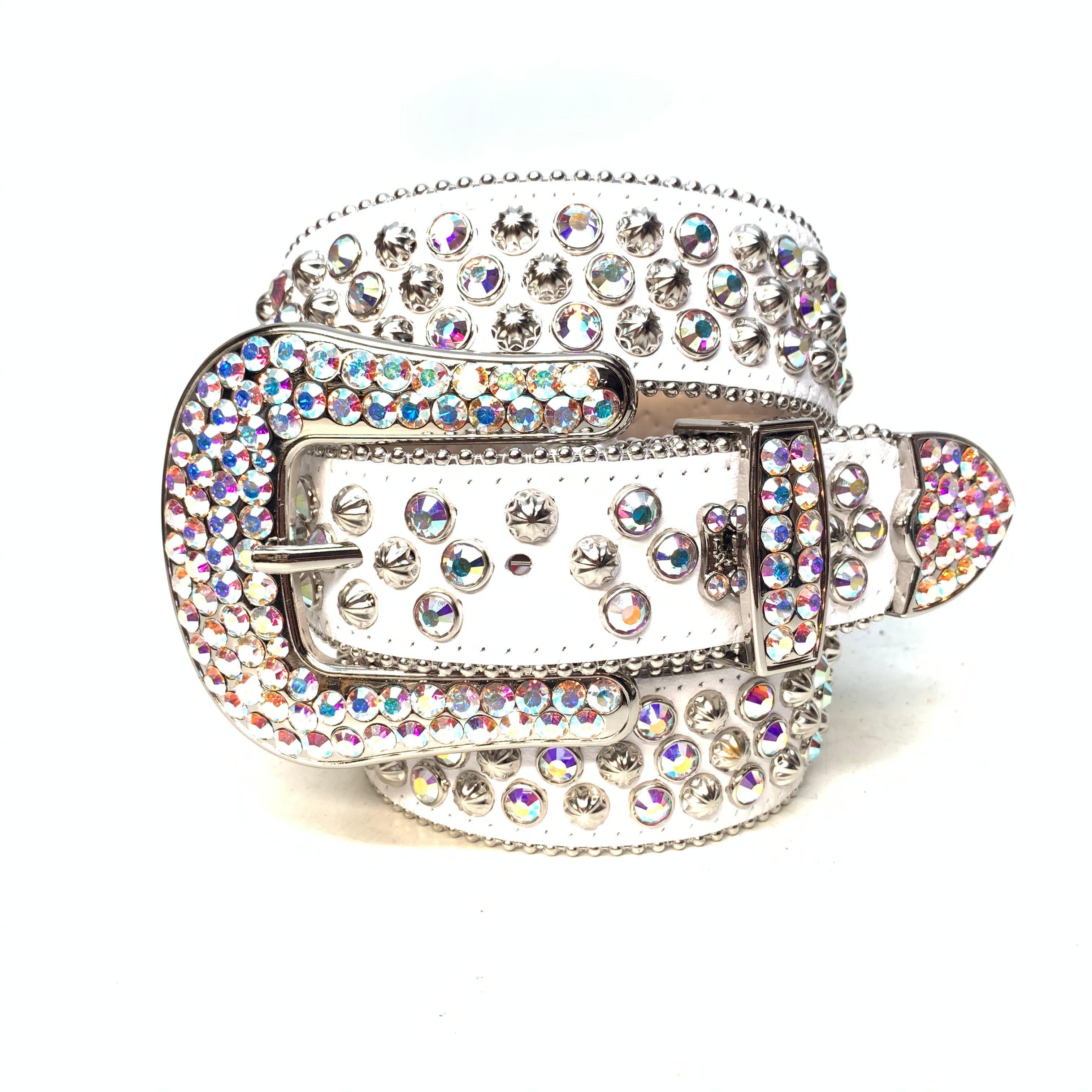 b.b. Simon White Iridescent 3-Row Studded Crystal Belt