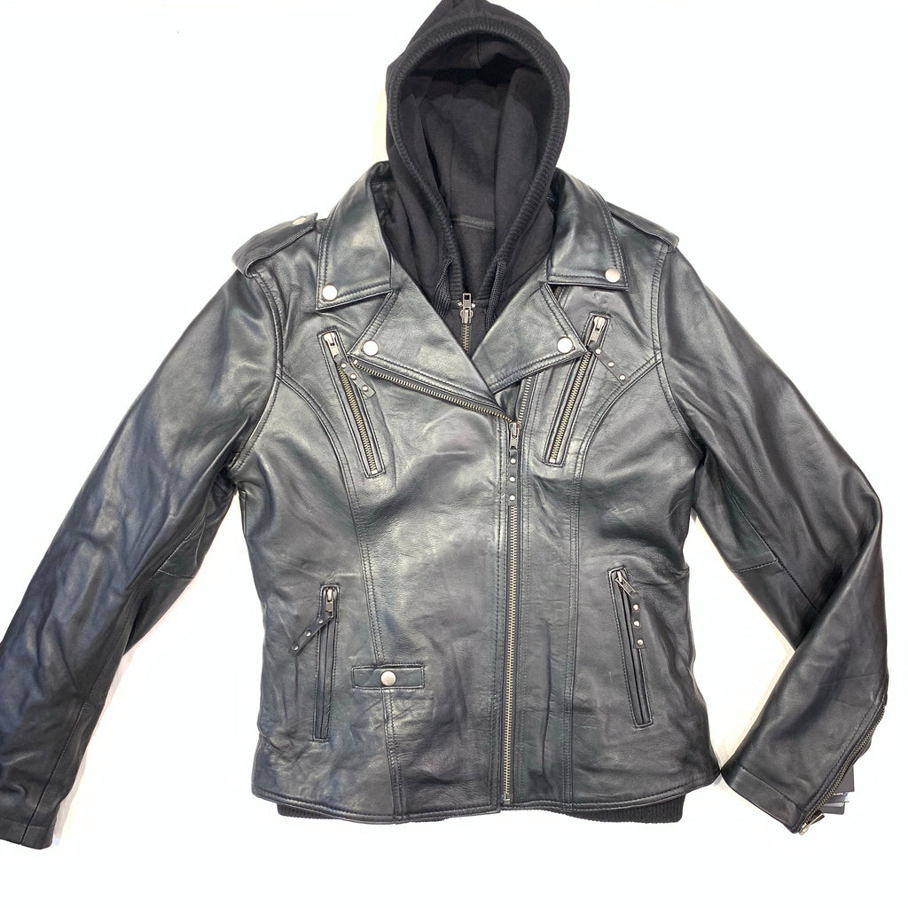 FMC Ladies Black Leather Hooded Biker Jacket