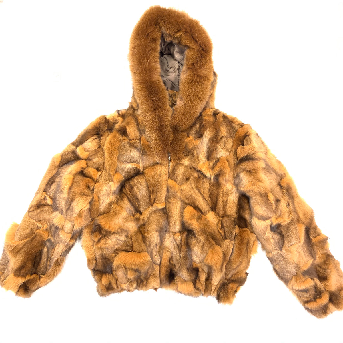 Frances Whiskey Rabbit Fur Bomber Jacket with Hood