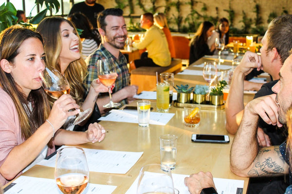 A group of guys and gals drink wine at a long table at a bar during happy hour
