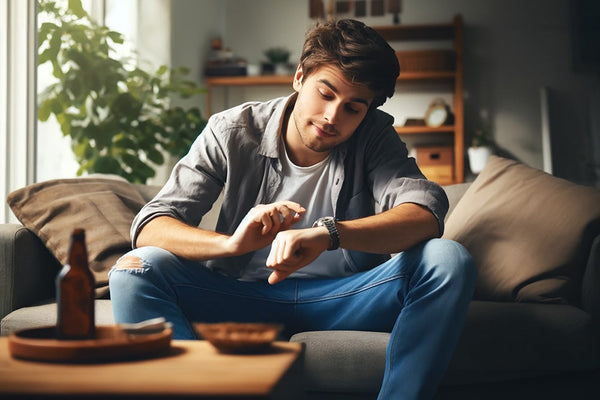 A man is high on his couch and is checking how long the effects of THC last