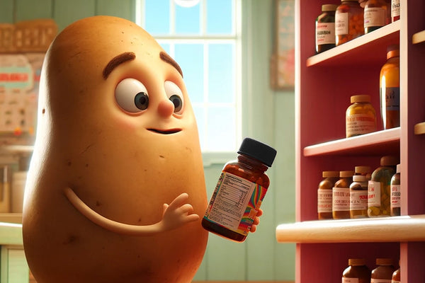 An animated couch potato looks at the back of a bottle label to find out how long THC gummies last unopened