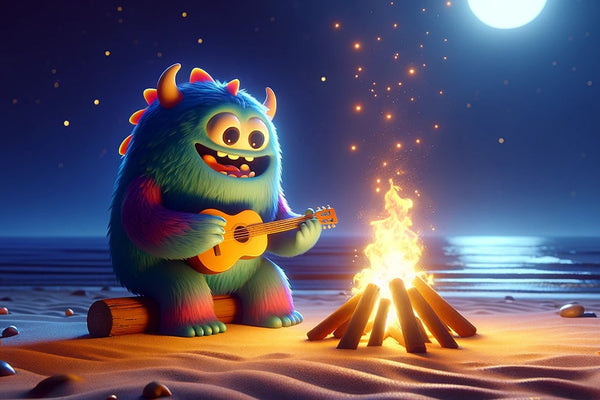 A Sunday Scaries monsters hangs out at a bonfire showing a party thing to do on a Sunday