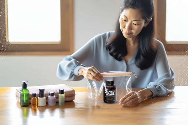 A woman puts a bottle of Sunday Scaries CBD gummies inside of a plastic bag showing a practical tip for traveling