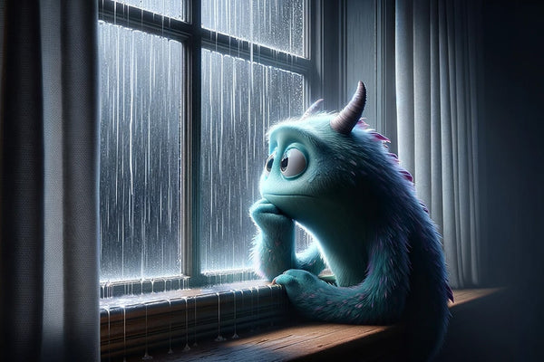 A monster looks out the window showing how rainy days affect the Sunday Scaries