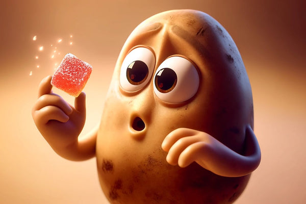 An animated couch potato looks at a THC gummy wondering how many to eat