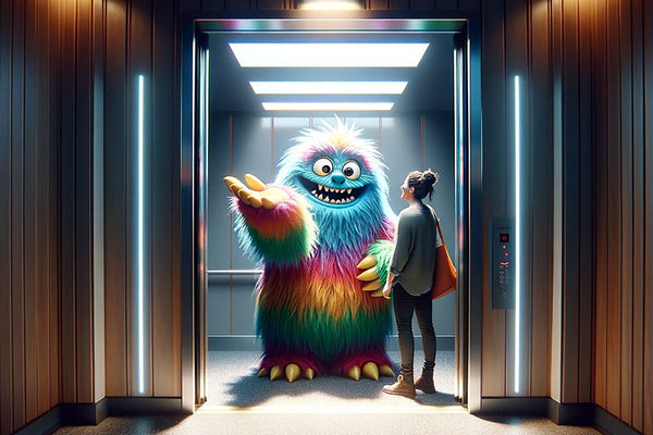 A Sunday Scaries monster performs a random act of kindness on an elevator during Sunday afternoon