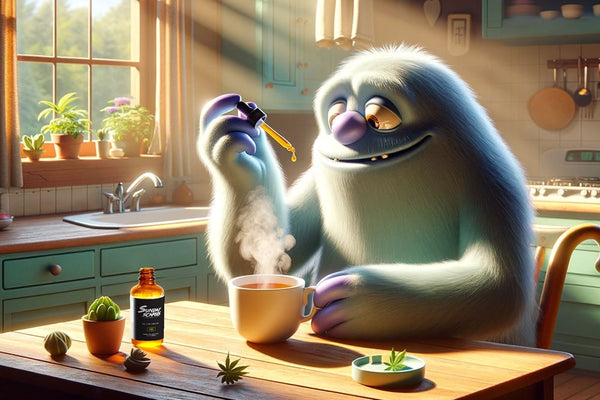 A Sunday Scaries mascot adds CBD Oil to his tea on Sunday morning to help abolish a hangover