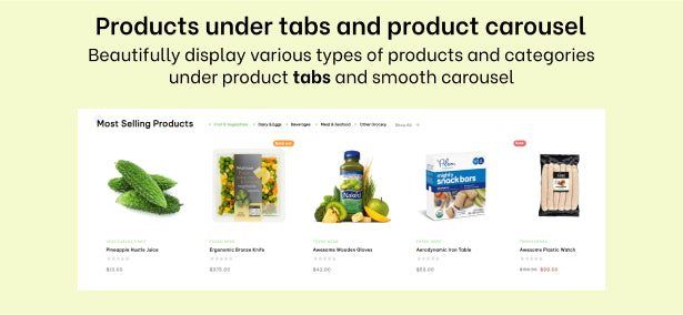 Products under tabs and product carousel