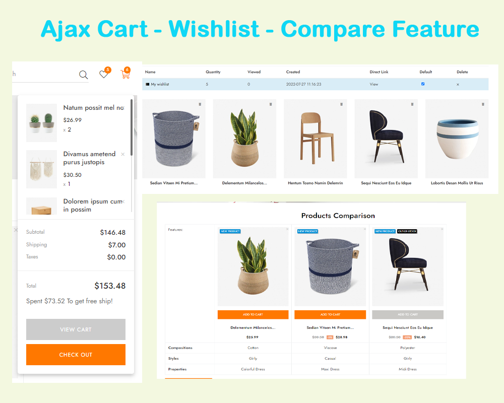 Ajax Cart, Wishlist, Compare Feature