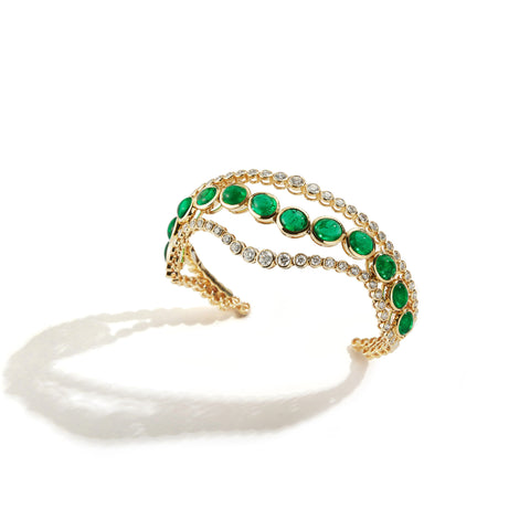 Vintage Green Cabochon Emerald Diamond Bangle Bracelet 18K Yellow Gold, 65  Grams - Etsy
