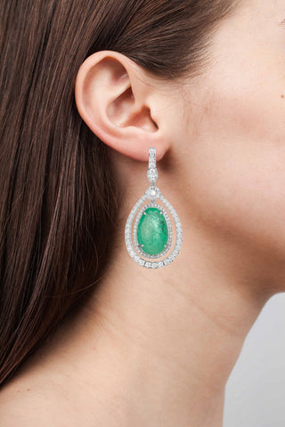 Colombian Emerald Earrings, Oval cut Emerald Earrings in 18k White Gold