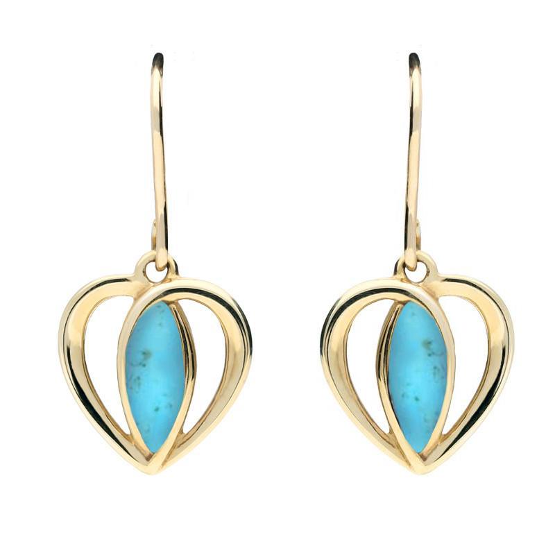 9ct Yellow Gold Turquoise Heart Drop Earrings