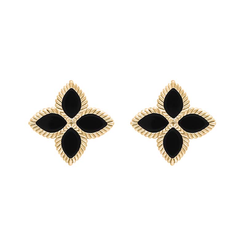 18ct Yellow Gold Whitby Jet Bloom Marquise Flower Stud Earrings