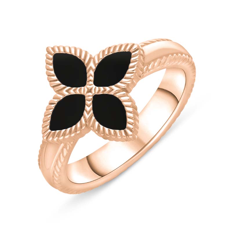 18ct Rose Gold Whitby Jet Bloom Marquise Flower Ring