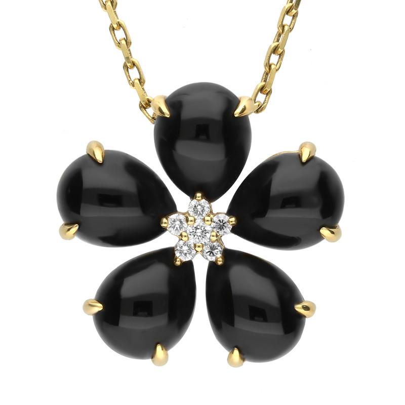 18ct Yellow Gold Whitby Jet 0.13ct Diamond Flower Necklace D D