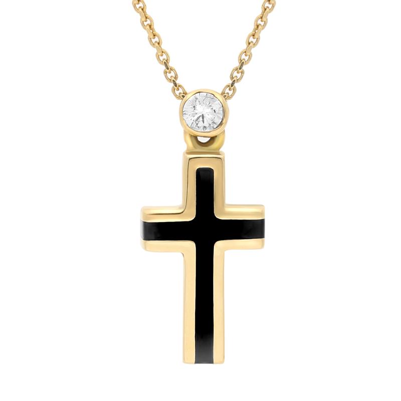 18ct Yellow Gold Whitby Jet Diamond Channel Set Cross Necklace D