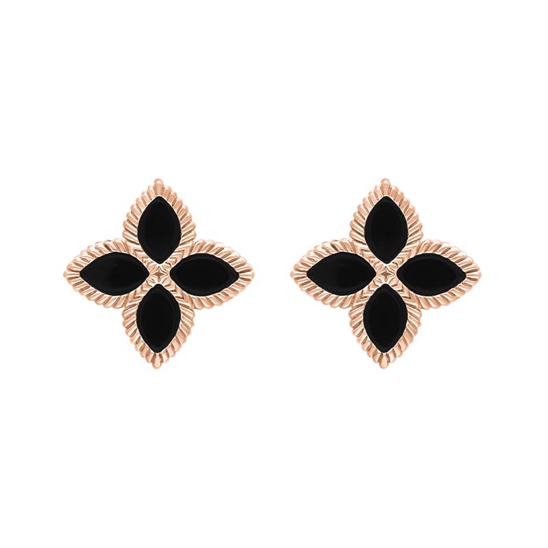 9ct Rose Gold Whitby Jet Bloom Marquise Flower Stud Earrings