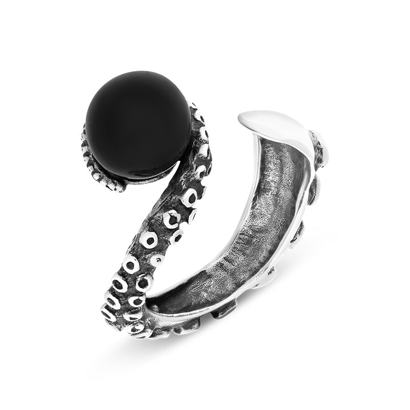 9ct White Gold Whitby Jet Bead Swirl Tentacle Ring