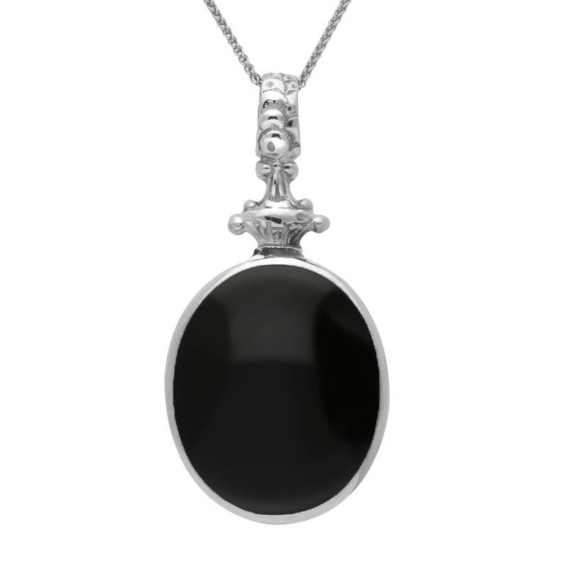 9ct White Gold Whitby Jet Blue John Double Sided Oval Fob Necklace