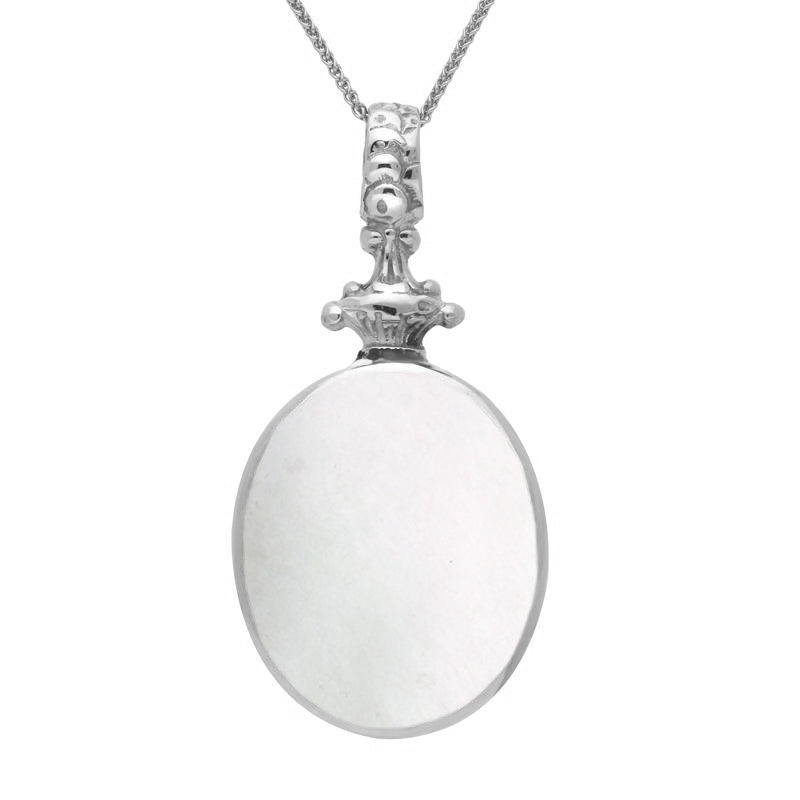 9ct White Gold Whitby Jet White Mother Of Pearl Double Sided Oval Fob Necklace