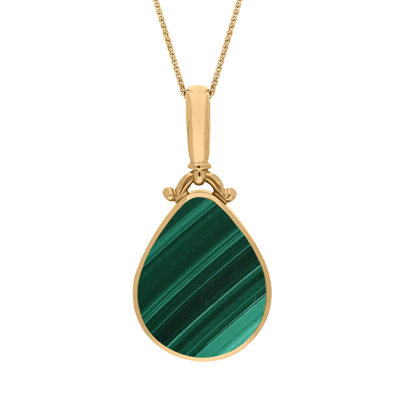 9ct Yellow Gold Whitby Jet Malachite Double Sided Pear Fob Necklace