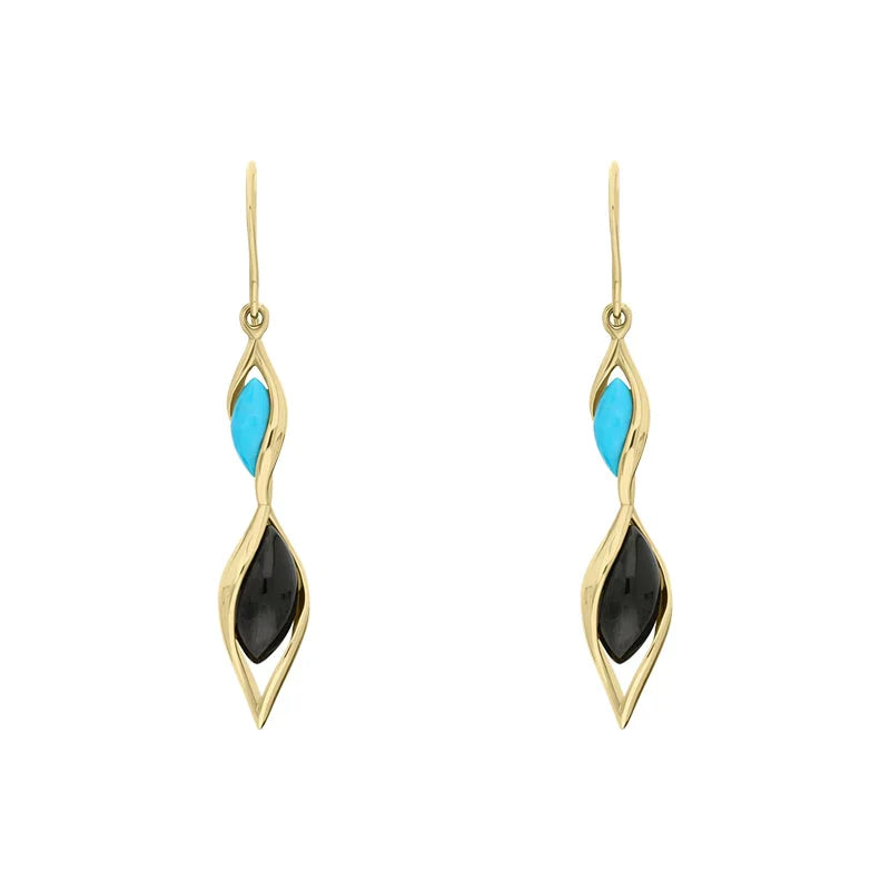 9ct Yellow Gold Whitby Jet Turquoise Double Graduated Twist Drop Earrings