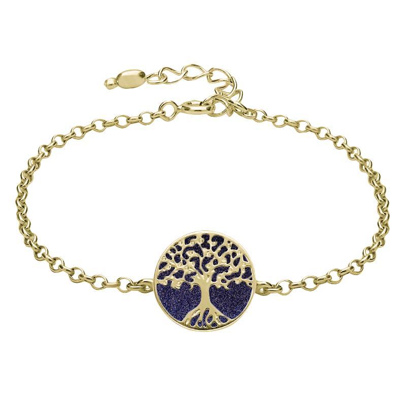 9ct Yellow Gold Blue Goldstone Round Tree of Life Chain Bracelet