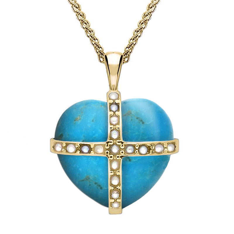 9ct Yellow Gold Turquoise Pearl Medium Cross Heart Necklace