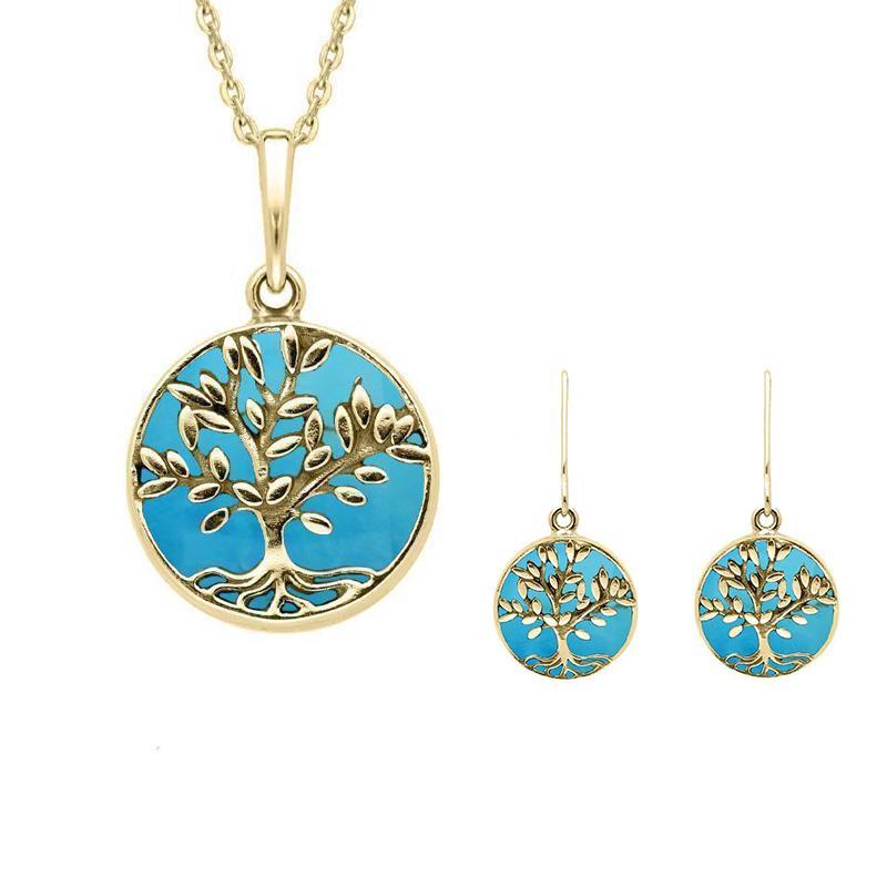 9ct Yellow Gold Turquoise Round Large Leaves Tree of Life Two Piece Set
