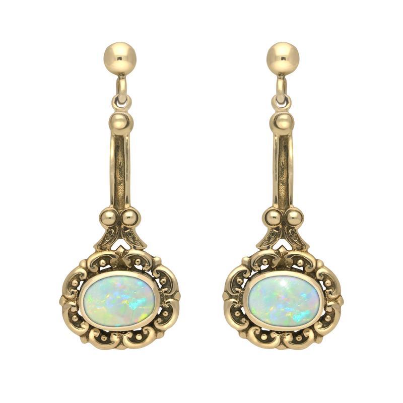 9ct Yellow Gold Opal Ornate Antique Oval Drop Earrings