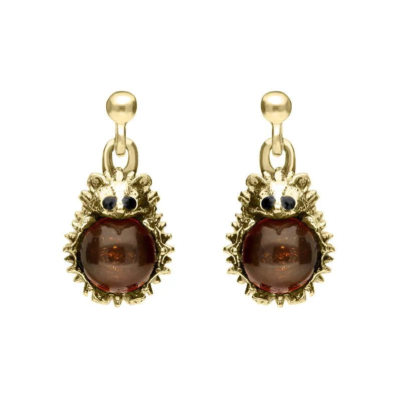 9ct Yellow Gold Amber Tiny Hedgehog Drop Earrings