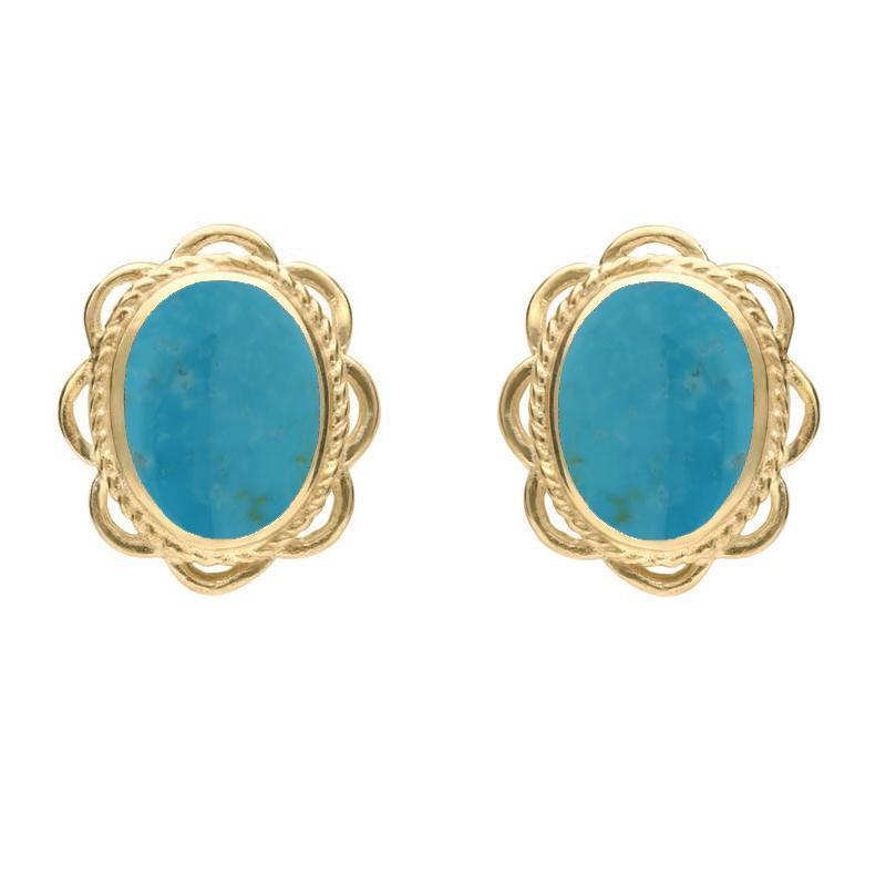 9ct Yellow Gold Turquoise Large Rope Oval Frill Stud Earrings