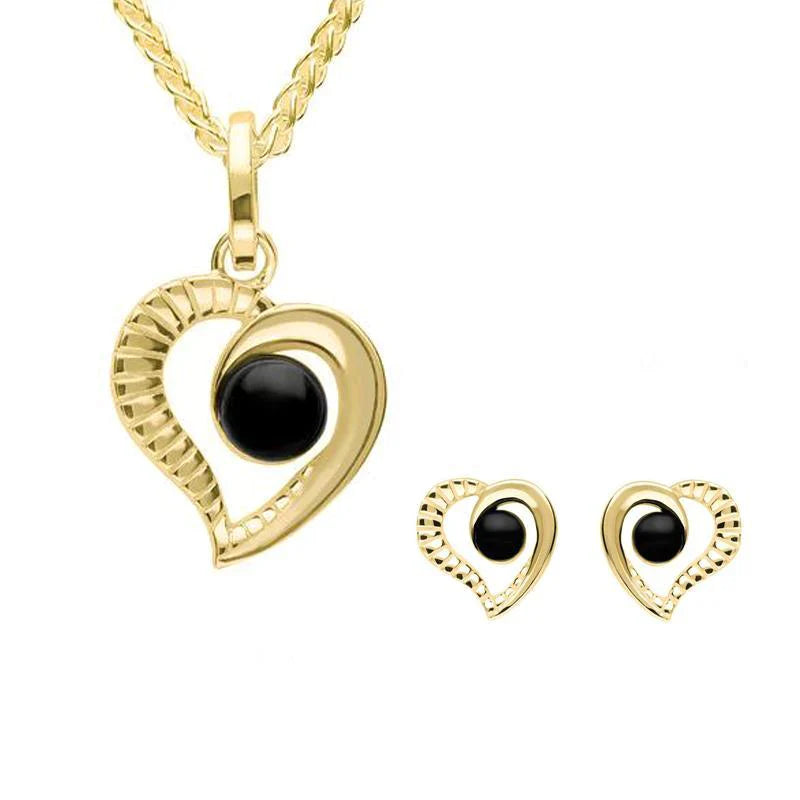 9ct Yellow Gold Whitby Jet Ridged Heart Two Piece Set