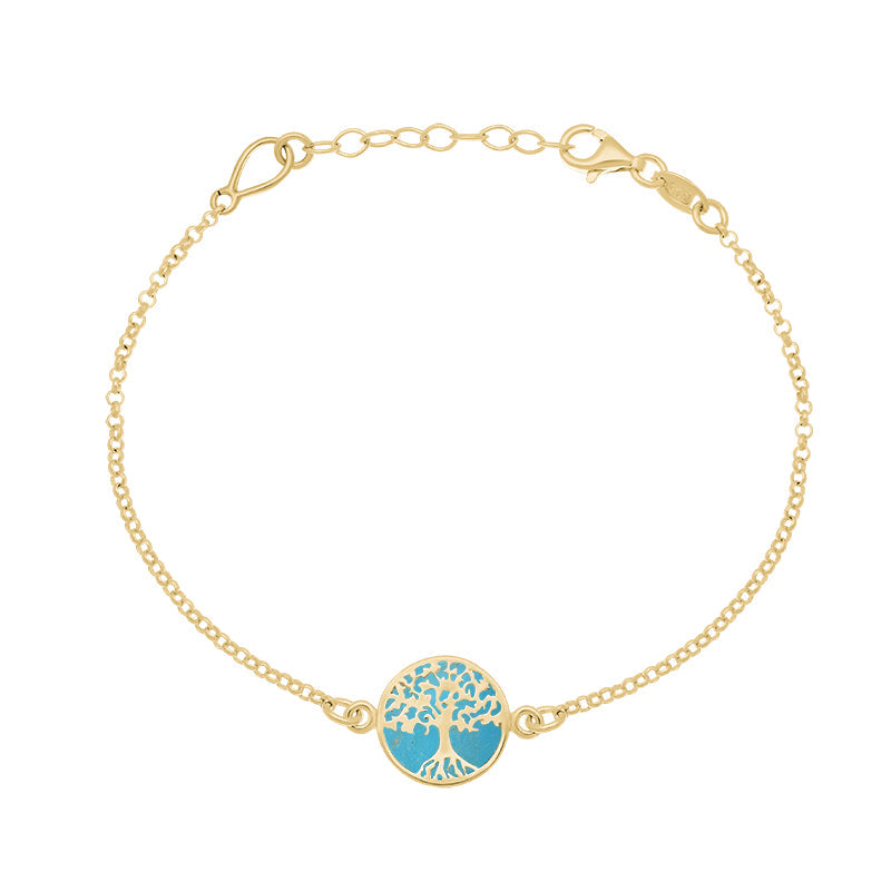 9ct Yellow Gold Turquoise Round Tree of Life Chain Bracelet