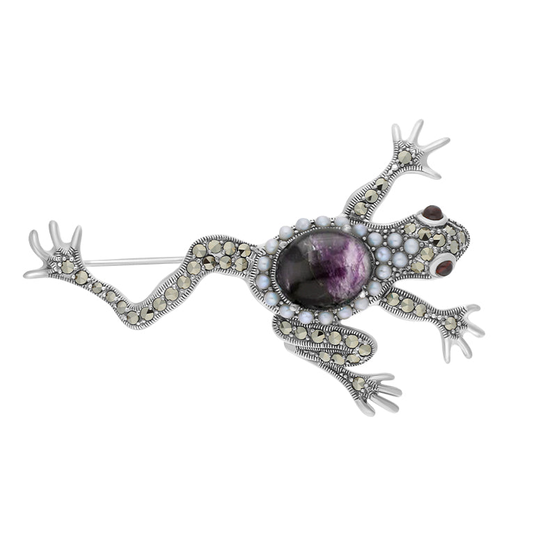 Sterling Silver Blue John Marcasite Pearl Frog Brooch