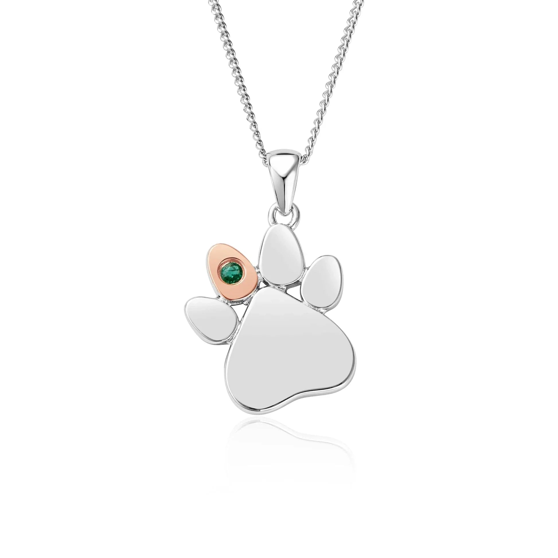 Clogau Paw Prints On My Heart Sterling Silver May Birthstone Emerald Necklace