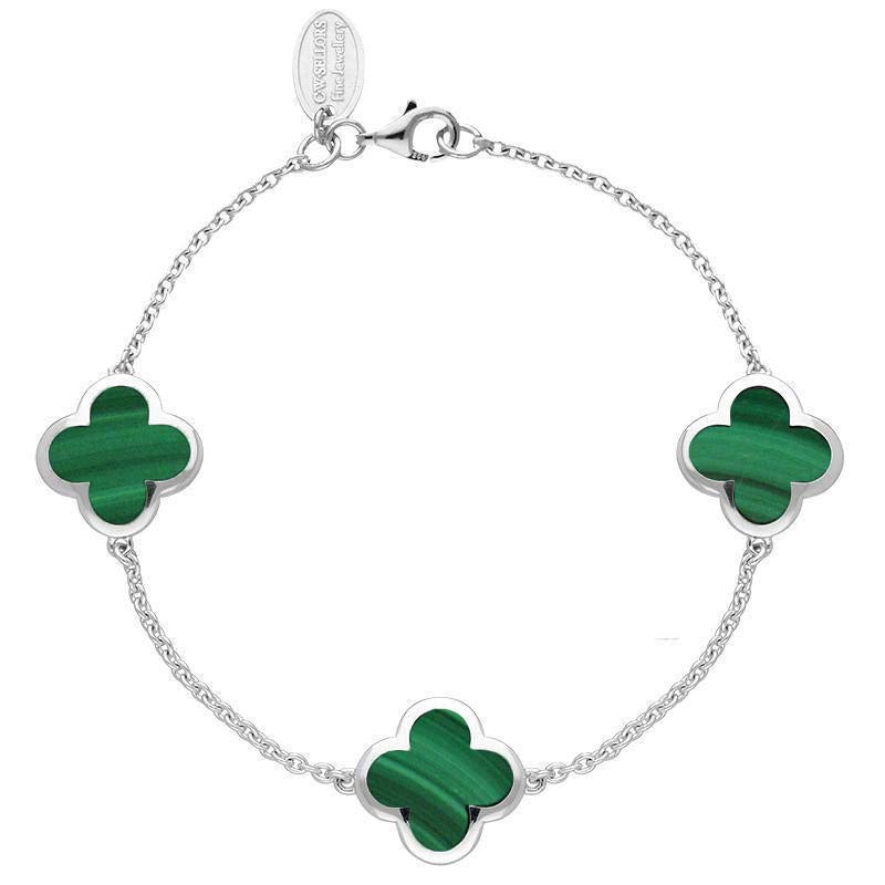 Sterling Silver Malachite Bloom Four Leaf Clover Chain Bracelet